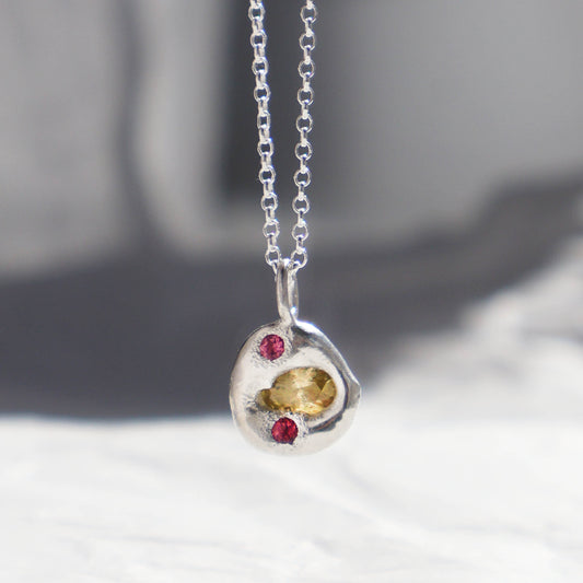 Molten Pendant  - Silver - Oval Yellow Sapphire with Pink Tourmalines