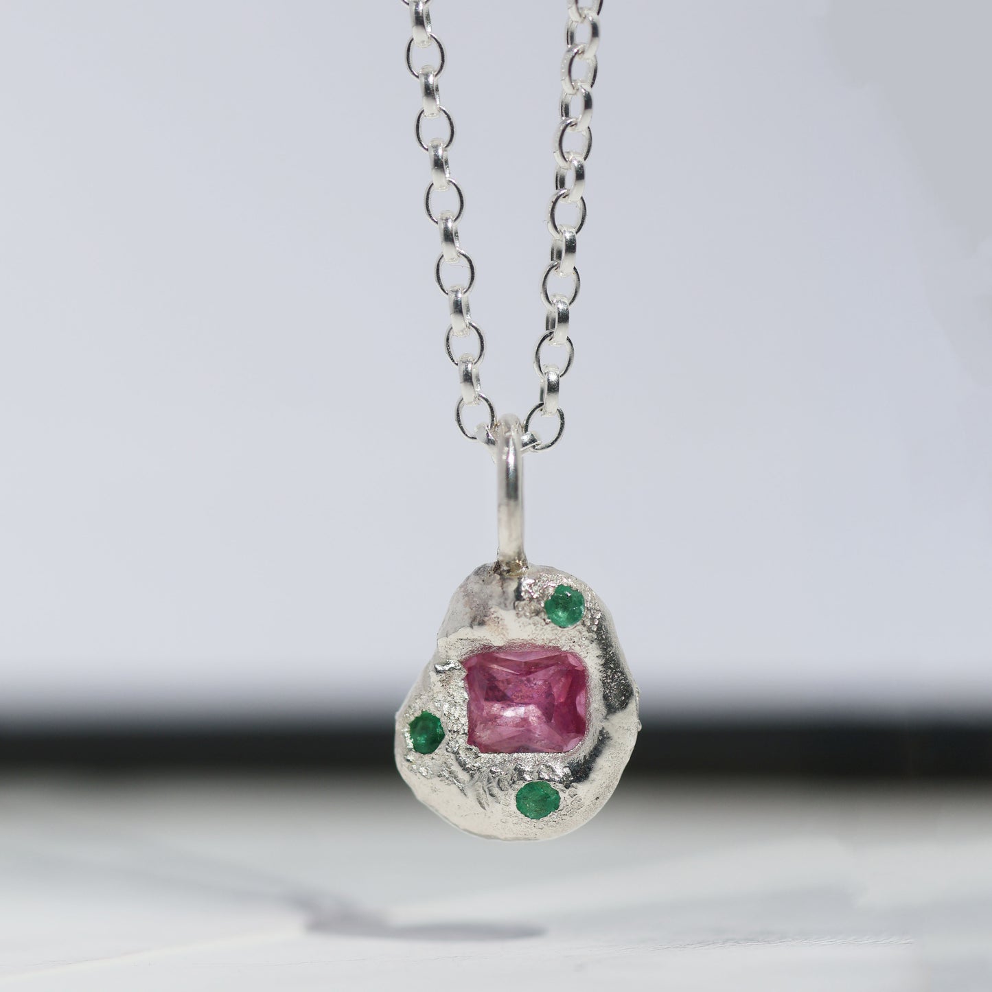 Molten Pendant  - Silver - Pink Sapphire and Emeralds