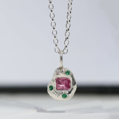 Molten Pendant  - Silver - Pink Sapphire and Emeralds