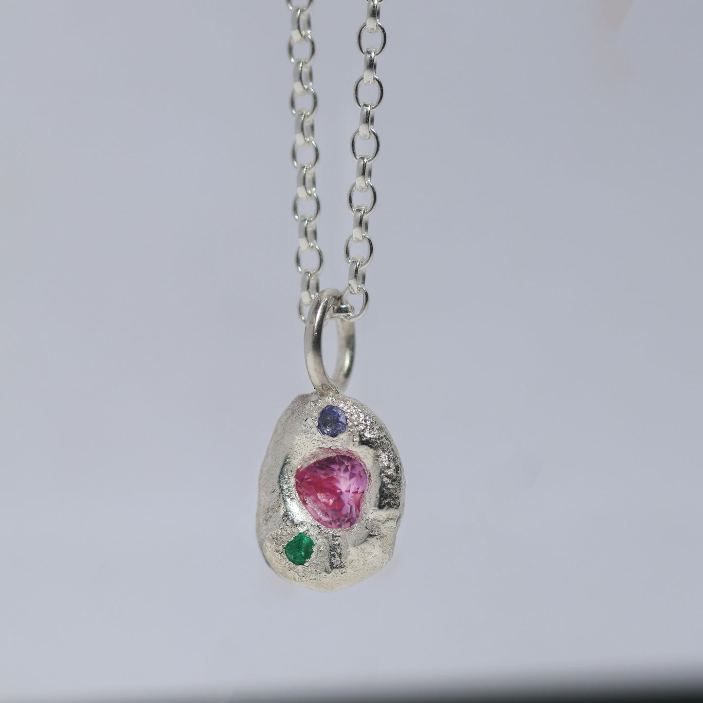 Molten Pendant  - Silver - Pink Heart Sapphire with Tanzanite and Emerald