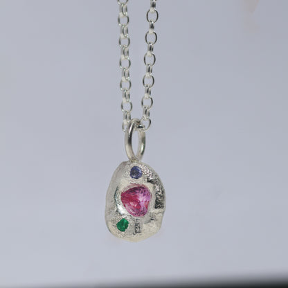 Molten Pendant  - Silver - Pink Heart Sapphire with Tanzanite and Emerald