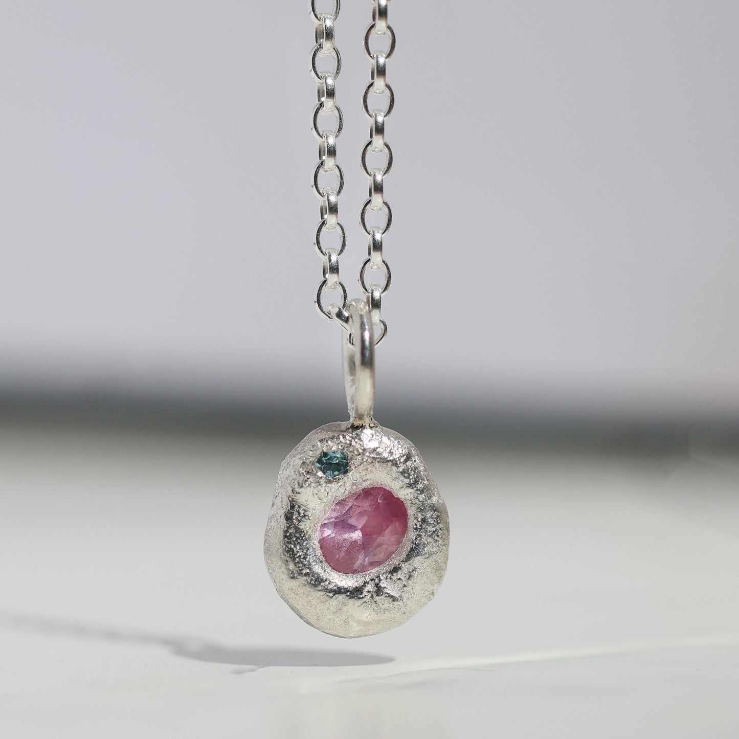 Molten Pendant  - Silver - Pink Sapphire with Blue Topaz