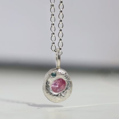 Molten Pendant  - Silver - Pink Sapphire with Blue Topaz