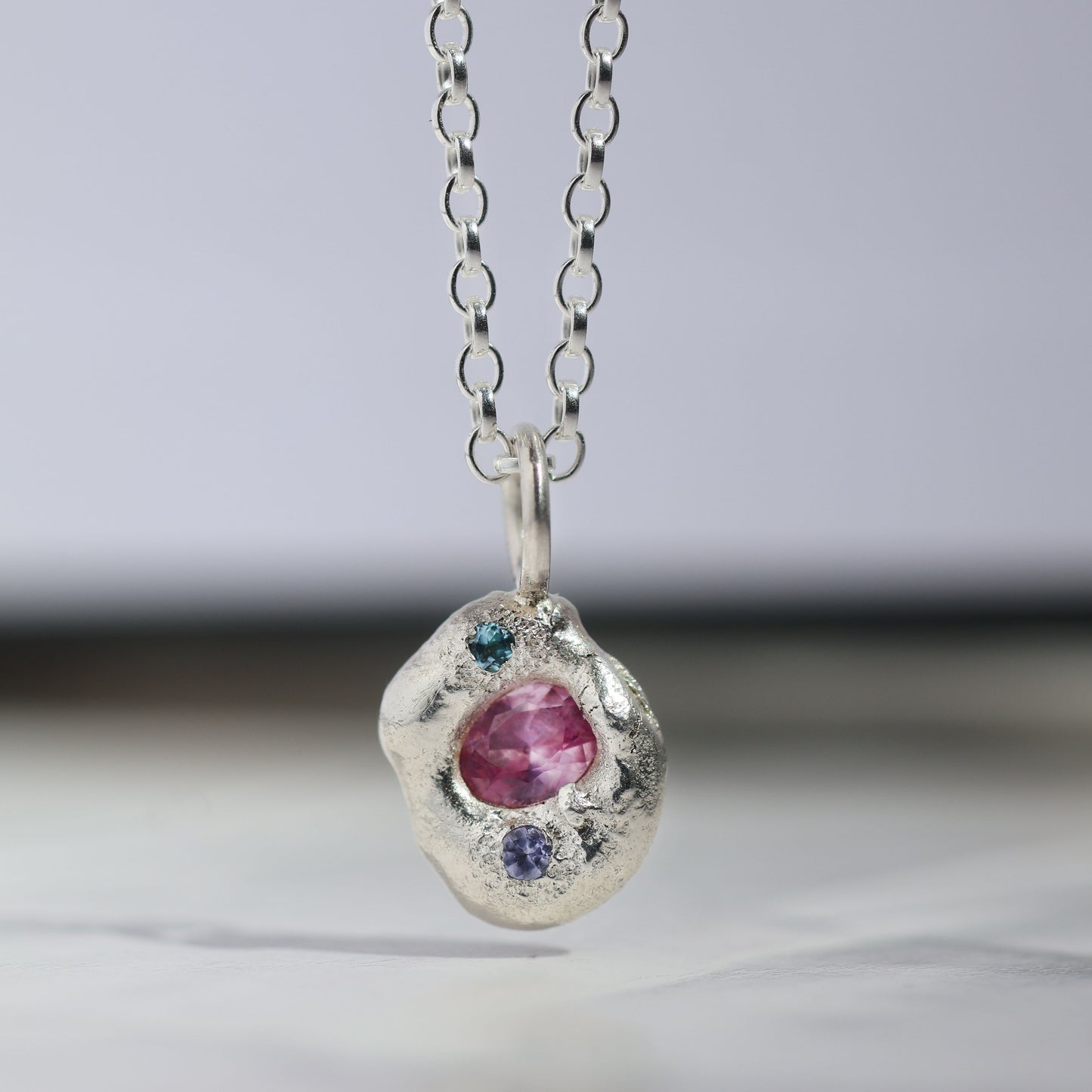 Molten Pendant  - Silver - Pink Sapphire with Blue Topaz and Tanzanite