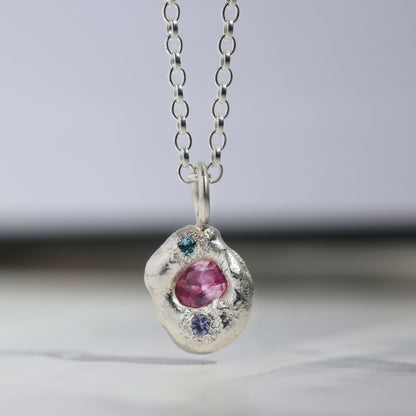Molten Pendant  - Silver - Pink Sapphire with Blue Topaz and Tanzanite