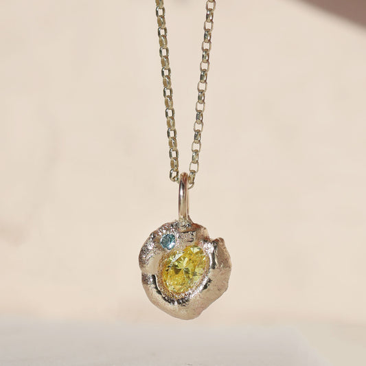 Molten Pendant  - 9ct Gold - Oval Yellow Diamond with Blue Topaz
