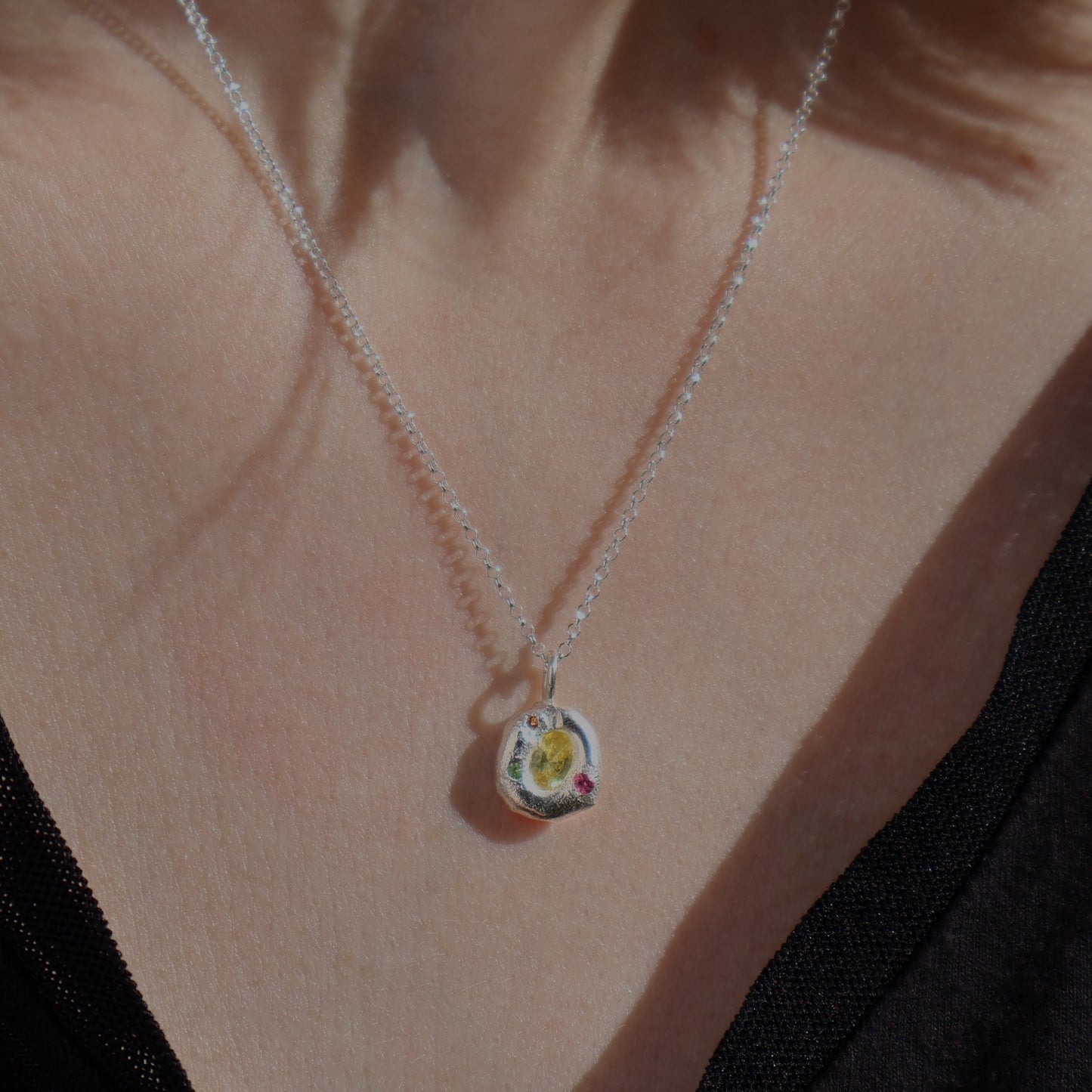 Molten Pendant  - Silver - Oval Yellow Sapphire with Pink Tourmaline, Orange Sapphire and Tsavorite Garnet