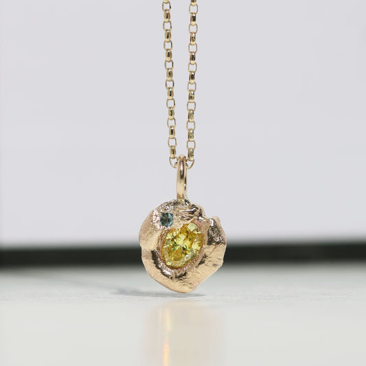 Molten Pendant  - 9ct Gold - Oval Yellow Diamond with Blue Topaz
