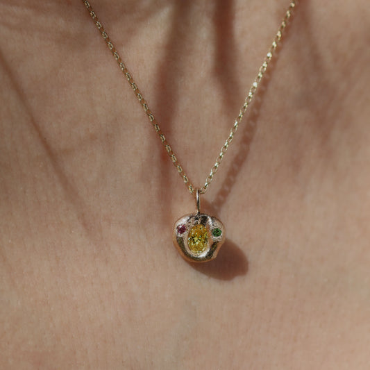 Molten Pendant  - 9ct Gold - Oval Yellow Diamond with Tourmaline and Tsavorite Garnet
