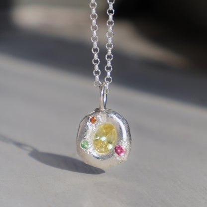 Molten Pendant  - Silver - Oval Yellow Sapphire with Pink Tourmaline, Orange Sapphire and Tsavorite Garnet