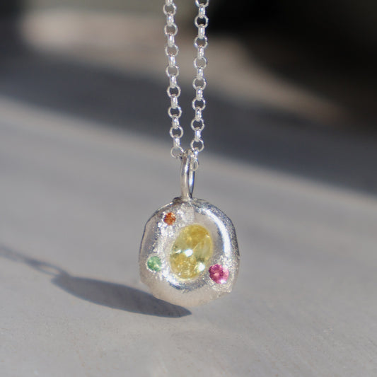 Molten Pendant  - Silver - Oval Yellow Sapphire with Pink Tourmaline, Orange Sapphire and Tsavorite Garnet